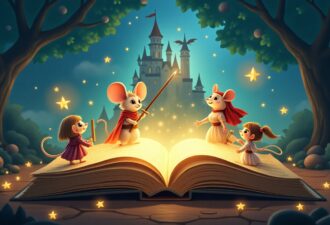 Ілюстрація у казковому стилі, де зображена велика розгорнута книга, з якої наче оживає чарівна сцена з мультяшними мишенятами. Центральне мишеня тримає чарівну паличку, інші з цікавістю спостерігають. На задньому фоні — казковий замок із прапором на башті та силуетом дракона, навколо сяють маленькі зірочки. Композицію обрамлюють великі дерева, що створюють відчуття чарівного лісу. Ілюстрація виконана в теплих і затишних кольорах, атмосфера магічна й дружня.