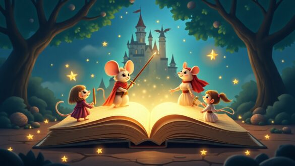 Ілюстрація у казковому стилі, де зображена велика розгорнута книга, з якої наче оживає чарівна сцена з мультяшними мишенятами. Центральне мишеня тримає чарівну паличку, інші з цікавістю спостерігають. На задньому фоні — казковий замок із прапором на башті та силуетом дракона, навколо сяють маленькі зірочки. Композицію обрамлюють великі дерева, що створюють відчуття чарівного лісу. Ілюстрація виконана в теплих і затишних кольорах, атмосфера магічна й дружня.