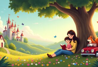 На малюнку зображено казковий пейзаж у світлих і теплих кольорах. Під великим зеленим деревом мама разом із дитиною читають книгу, насолоджуючись часом разом. Поруч сидить усміхнена білочка, а на задньому плані видно мальовничий білий замок з червоними дахами і прапорцями, а також маленький будиночок. Повітрям літають різнокольорові метелики, а на галявині ростуть яскраві квіти. Зображення створює атмосферу казкової безтурботності та тепла.