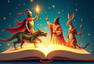Казкова ілюстрація з відкритою книгою, сторінки якої оживають і перетворюються на фантастичних персонажів: воїна з червоним плащем і вогняним факелом, зеленого дракона, жінку-чарівницю в елегантному вбранні, а також зайця зі списом. Вони стоять разом у світлі чарівних іскорок на фоні глибокого синього неба, створюючи магічну атмосферу пригоди та казки.