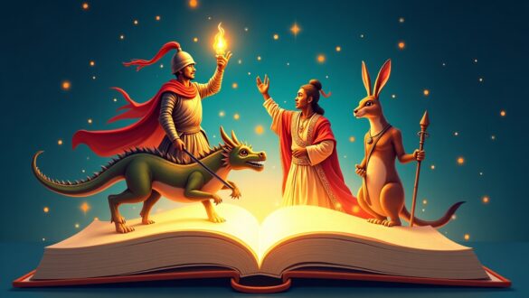 Казкова ілюстрація з відкритою книгою, сторінки якої оживають і перетворюються на фантастичних персонажів: воїна з червоним плащем і вогняним факелом, зеленого дракона, жінку-чарівницю в елегантному вбранні, а також зайця зі списом. Вони стоять разом у світлі чарівних іскорок на фоні глибокого синього неба, створюючи магічну атмосферу пригоди та казки.