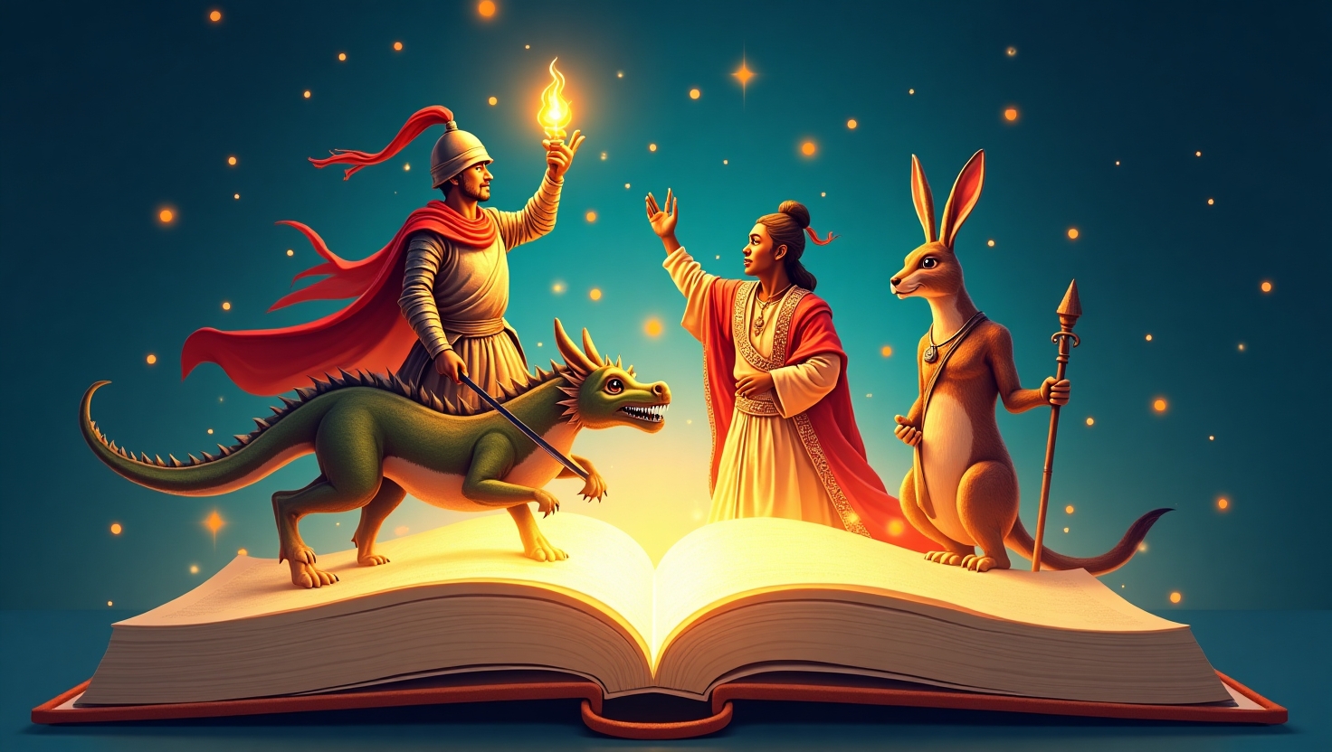 Казкова ілюстрація з відкритою книгою, сторінки якої оживають і перетворюються на фантастичних персонажів: воїна з червоним плащем і вогняним факелом, зеленого дракона, жінку-чарівницю в елегантному вбранні, а також зайця зі списом. Вони стоять разом у світлі чарівних іскорок на фоні глибокого синього неба, створюючи магічну атмосферу пригоди та казки.