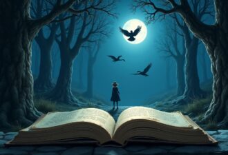 Містична ілюстрація казкового сюжету: відкрита велика книга лежить на кам’янистій дорозі у темному лісі, її сторінки випромінюють світло. Дівчина у сукні та капелюсі стоїть попереду, дивлячись на повний місяць, що світить яскраво на нічному небі. Над нею летять три чорні птахи, а навколо височіють могутні, безлистяні дерева, створюючи загадкову атмосферу магічного світу.