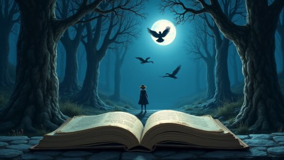 Містична ілюстрація казкового сюжету: відкрита велика книга лежить на кам’янистій дорозі у темному лісі, її сторінки випромінюють світло. Дівчина у сукні та капелюсі стоїть попереду, дивлячись на повний місяць, що світить яскраво на нічному небі. Над нею летять три чорні птахи, а навколо височіють могутні, безлистяні дерева, створюючи загадкову атмосферу магічного світу.