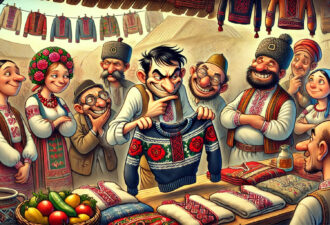 На зображенні зображено український ярмарок, де продавець демонструє вишивану светр з квітковим орнаментом. Оточують його зацікавлені покупці в традиційному вбранні, які спостерігають за подією з усмішками. На задньому плані висять інші вишиванки, а на столі викладено різні тканини