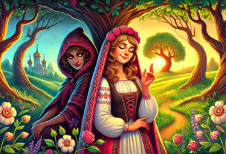 Дві жінки в українських національних костюмах стоять на фоні мальовничого пейзажу з деревами та квітами, одна з них усміхається, а інша прихована під капюшоном. На задньому плані видніється церква з куполами, а на горизонті сходить сонце.