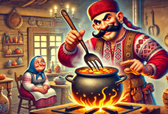 Картинка зображає українського кухаря в традиційному вбранні, який готує страву в казані на вогні, а літня жінка спостерігає за процесом в затишній кухні з дерев’яними елементами.