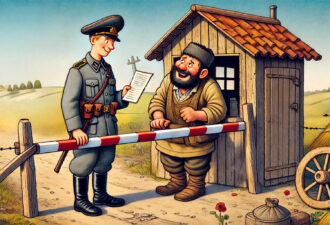 Ілюстрація, на якій охоронець у формі перевіряє документи у селянина біля контрольного пункту. На фоні зелена місцевість, хатинка і сільськогосподарські знаряддя.