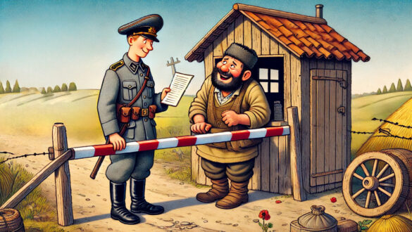 Ілюстрація, на якій охоронець у формі перевіряє документи у селянина біля контрольного пункту. На фоні зелена місцевість, хатинка і сільськогосподарські знаряддя.