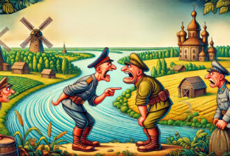 Ілюстрація конфлікту між двома військовими на фоні сільського пейзажу з вітряками, річкою та церквою, що символізує напруженість та соціальні проблеми в історичному контексті.