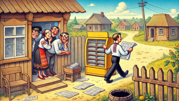 Ілюстрація, що зображає сільську сцену: молодий чоловік, одягнений в українську вишиванку, несе газету, а кілька людей спостерігають за ним із будинку. На задньому плані видно сільську місцевість з хатами і природою.
