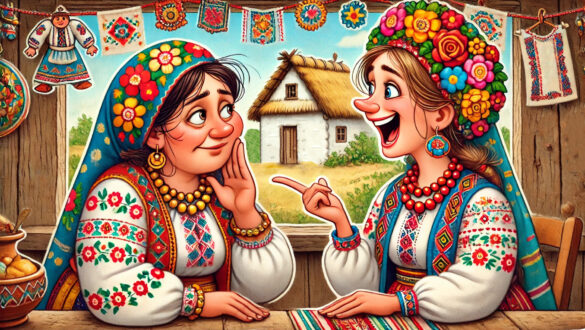 Дві жінки в українських народних костюмах спілкуються в сільській хатині. Одна з них сміється, а інша задумливо слухає. На фоні видно традиційні елементи декору, такі як вишивка та ляльки.