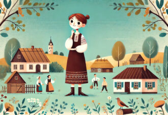 Ілюстрація українського села з дівчиною в національному костюмі на передньому плані. Навколо — традиційні будинки, людей, що займаються сільським господарством, та природні елементи, такі як дерева і квіти.