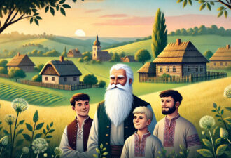 Сцена з українським селом на фоні, де зображені дідусь з білою бородою та троє молодих чоловіків у традиційному одязі. На задньому плані видно хатини, поля та пагорби, що створюють спокійну атмосферу.