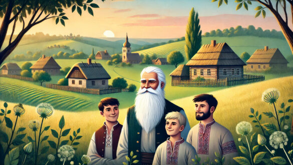 Сцена з українським селом на фоні, де зображені дідусь з білою бородою та троє молодих чоловіків у традиційному одязі. На задньому плані видно хатини, поля та пагорби, що створюють спокійну атмосферу.