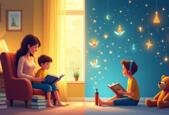 Затишна ілюстрація, розділена на дві частини: ліворуч мама з хлопчиком сидять у кріслі біля вікна, читаючи книжку у світлі теплого сонця. Праворуч хлопчик сидить на підлозі, слухаючи аудіокнигу у навушниках, поруч з ним плюшевий ведмедик. Стіна праворуч прикрашена казковими світловими фігурками зірок, фей, місяця, які створюють магічну атмосферу. Кольори теплі й спокійні, атмосфера передає затишок, любов до читання та казки.