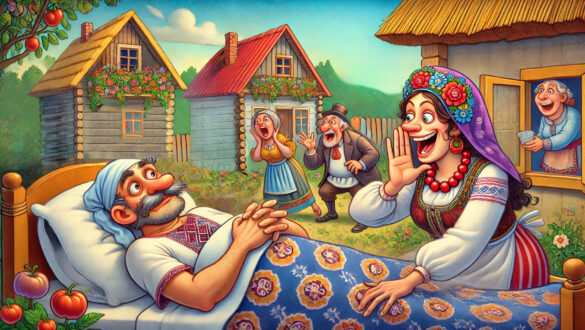 Сцена з українським сільським життям: чоловік на ліжку з шаликом, радісні жінки та чоловіки за вікном, які святкують. На задньому плані дві будинки в селі оточені фруктовими деревами. Жінка в національному вбранні викрикує, радіючи.
