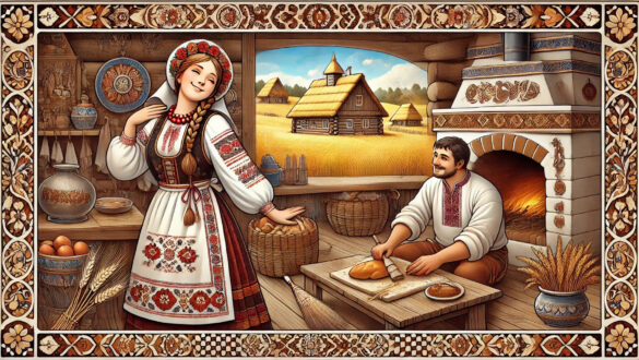 Ілюстрація української хати: чоловік і жінка в традиційному вбранні біля печі, хліб на столі, за вікном — сільський пейзаж із хатами й жнивами
