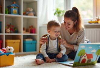 Затишна дитяча кімната з іграшками, книжками, кольоровими речами. У центрі — дитина 4–5 років із рюкзачком, яку заспокоює усміхнена мама. У кутку — книжка з ілюстрацією, на якій зображено дитячий садок. Атмосфера тепла, турботи, світло і ніжні кольори.