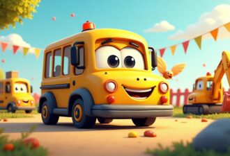 Мультяшний жовтий шкільний автобус із усміхненим обличчям на фоні дитячого майданчика. На задньому плані — інші анімовані транспортні засоби, як-от екскаватор і ще один автобус, також з усмішками. Навколо — яскраві прапорці, дерева, трава, повітряні кульки й казковий настрій. Атмосфера весела, дружня та підходить для дитячих історій або освітнього контенту.