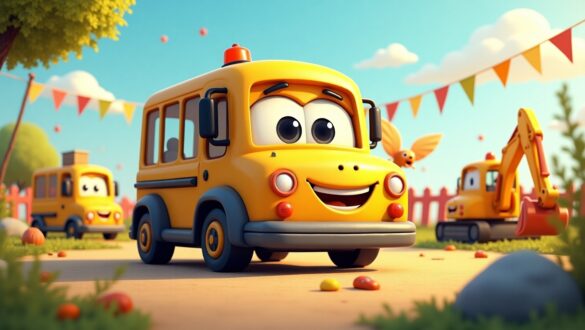 Мультяшний жовтий шкільний автобус із усміхненим обличчям на фоні дитячого майданчика. На задньому плані — інші анімовані транспортні засоби, як-от екскаватор і ще один автобус, також з усмішками. Навколо — яскраві прапорці, дерева, трава, повітряні кульки й казковий настрій. Атмосфера весела, дружня та підходить для дитячих історій або освітнього контенту.