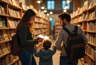 Молода сім’я з маленькою дитиною стоїть між рядами книжкових полиць у бібліотеці. Жінка тримає відкриту книгу, яка яскраво світиться, привертаючи увагу дитини та чоловіка. Усі вони усміхаються та виглядають захопленими. Книжкові полиці, що розташовані з обох боків проходу, наповнені різноманітними книгами, а освітлення створює затишну, теплу атмосферу.