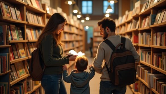 Молода сім’я з маленькою дитиною стоїть між рядами книжкових полиць у бібліотеці. Жінка тримає відкриту книгу, яка яскраво світиться, привертаючи увагу дитини та чоловіка. Усі вони усміхаються та виглядають захопленими. Книжкові полиці, що розташовані з обох боків проходу, наповнені різноманітними книгами, а освітлення створює затишну, теплу атмосферу.