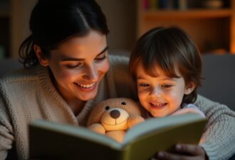 Мама читає казку дитині перед сном, тримаючи книгу, а дитина обіймає плюшевого ведмедика, усміхаючись. Тепла сімейна атмосфера в затишній кімнаті.
