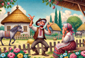 Веселий дідусь у вишиванці емоційно розповідає щось бабусі у хустці, яка сидить біля хати серед квітів і слухає з усмішкою; на задньому плані — коні, тини та мальовниче село з хатами під стріхою.