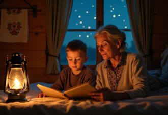 Бабуся читає книжку маленькому хлопчику при світлі гасової лампи в затишній дерев’яній кімнаті; за вікном зоряне небо, атмосфера тепла й вечірнього спокою.