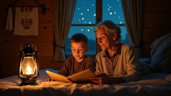 Бабуся читає книжку маленькому хлопчику при світлі гасової лампи в затишній дерев’яній кімнаті; за вікном зоряне небо, атмосфера тепла й вечірнього спокою.