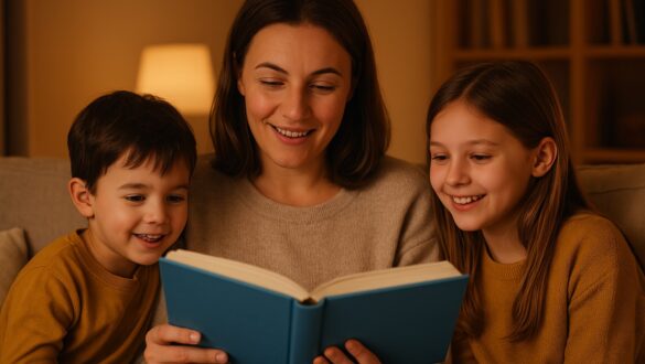 Мама читає книжку своїм дітям — хлопчику та дівчинці — у затишній кімнаті з теплим освітленням, усі троє усміхаються й уважно слухають.