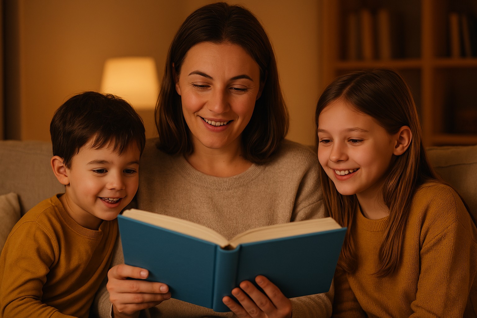 Мама читає книжку своїм дітям — хлопчику та дівчинці — у затишній кімнаті з теплим освітленням, усі троє усміхаються й уважно слухають.