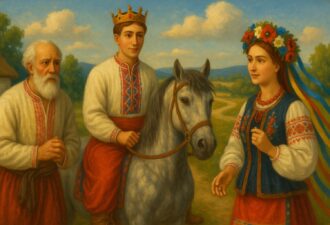 Молодий король на коні у вишиванці та короні, поруч дівчина у віночку з квітами й стрічками та старший чоловік із сивою бородою — всі у традиційному українському вбранні, на фоні сільського пейзажу.