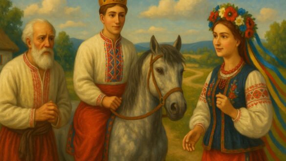Молодий король на коні у вишиванці та короні, поруч дівчина у віночку з квітами й стрічками та старший чоловік із сивою бородою — всі у традиційному українському вбранні, на фоні сільського пейзажу.