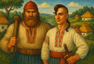 Двоє українських козаків у вишиванках стоять на тлі сільського пейзажу з хатами під солом’яними дахами; один тримає палицю, інший — шаблю.