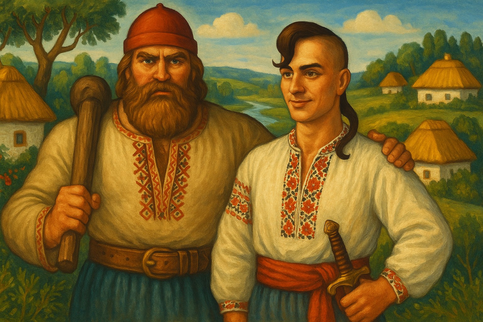 Двоє українських козаків у вишиванках стоять на тлі сільського пейзажу з хатами під солом’яними дахами; один тримає палицю, інший — шаблю.