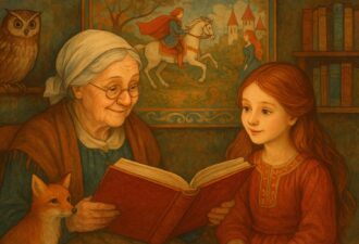 Ілюстрація в теплому казковому стилі: бабуся читає книжку маленькій дівчинці з рудим волоссям, поруч сидить лисиця, а на полиці — книги й сова; на стіні — картина з лицарем на білому коні.