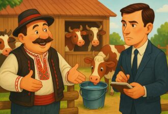 Фермер у традиційному одязі розповідає журналісту на фермі з коровами, ілюстрація до сільськогосподарської тематики.