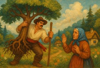 Ілюстрація до української народної казки: силач вириває дерево з корінням, літня жінка в хустці зупиняє його на лісовій стежці