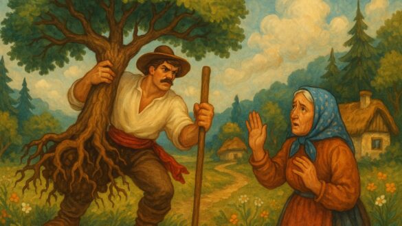 Ілюстрація до української народної казки: силач вириває дерево з корінням, літня жінка в хустці зупиняє його на лісовій стежці
