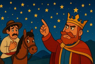 Малюнок у стилі народної казки: суворий цар у короні вказує на зірки на нічному небі, поруч — переляканий селянин на коні.