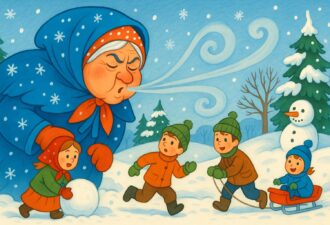 Казкова ілюстрація: велика сердита Баба Зима в синій хустці дме холодним вітром на дітей, які грають на снігу — одна дівчинка катає снігову кулю, двоє хлопчиків біжать і тягнуть санчата з малюком, навколо заметіль, ялинки й сніговик.
