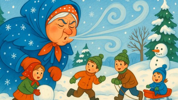Казкова ілюстрація: велика сердита Баба Зима в синій хустці дме холодним вітром на дітей, які грають на снігу — одна дівчинка катає снігову кулю, двоє хлопчиків біжать і тягнуть санчата з малюком, навколо заметіль, ялинки й сніговик.