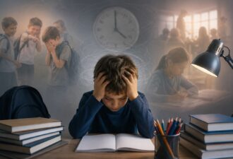 Засмучений школяр сидить за столом із книжками та зошитами, поки на тлі видно навчання, самотність і напружену атмосферу шкільного стресу.