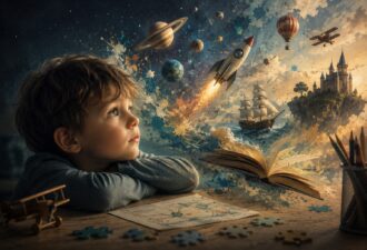 Хлопчик сидить за столом у напівтемній кімнаті й задумливо дивиться у світ власної уяви, де з відкритої книги вириваються ракети, планети, кораблі та фантазійні замки серед яскравих космічних бризок і теплих кінематографічних кольорів.