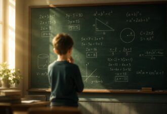 Школяр стоїть перед великою класною дошкою з математичними формулами та рівняннями. Тепле сонячне світло з вікна освітлює клас, створюючи атмосферу роздумів і хвилювання перед відповіддю на уроці.