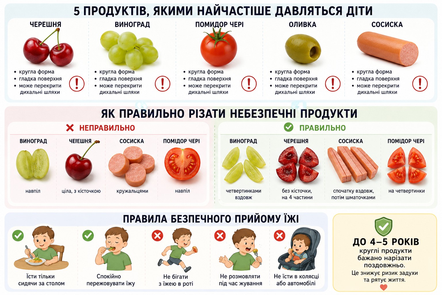 Інфографіка про безпечну нарізку продуктів для дітей раннього віку. На схемі показано правильні та неправильні способи нарізання винограду, черешні, помідорів чері та сосисок, а також пояснюється, як поздовжня нарізка допомагає знизити ризик задухи. Візуальні приклади супроводжуються попереджувальними позначками та рекомендаціями для батьків щодо безпечного харчування дітей до 4–5 років.