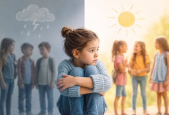 Дівчинка шкільного віку сидить осторонь однолітків і задумливо спостерігає за іншими дітьми. Зображення поділене на дві контрастні частини: темніший фон символізує тривожність і внутрішні переживання, а світла сонячна сторона — впевненість і комфортне спілкування. Ілюстрація передає різницю між сором’язливістю та дитячою тривожністю.