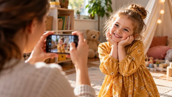 Мама фотографує усміхнену доньку в затишній дитячій кімнаті, наповненій іграшками, книжками та м’якими іграшками. Тепле сонячне світло й невимушена домашня атмосфера передають тему дитячих фотографій і сімейних спогадів.